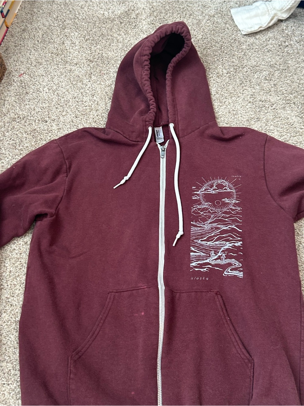 American Apparel Maroon Zip-Up Hoodie with Alaska Scenic Graphic
